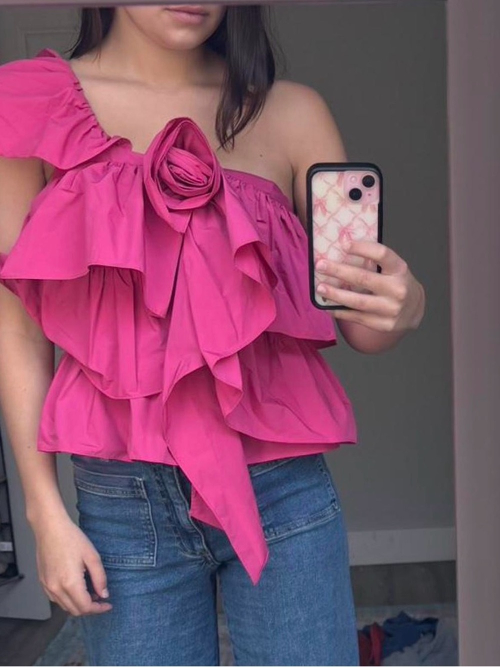 One-Shoulder Ruffle Rose Accent Top - Hot Pink